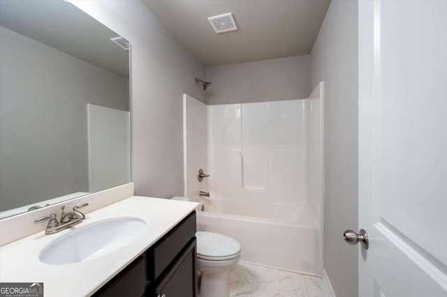 full bathroom with vanity,  shower combination, and toilet