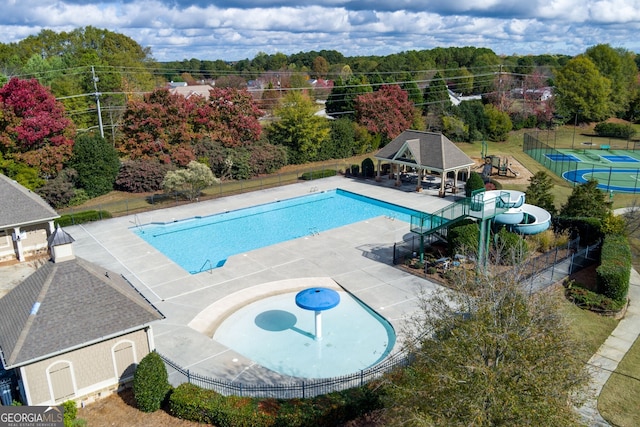 view of swimming pool featuring a gazebo and a patio area