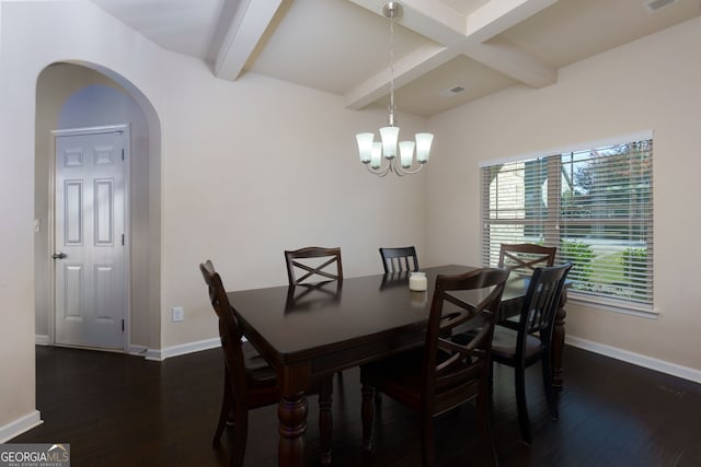 dining area with beamed ceiling, a notable chandelier, and dark hardwood / wood-style floors