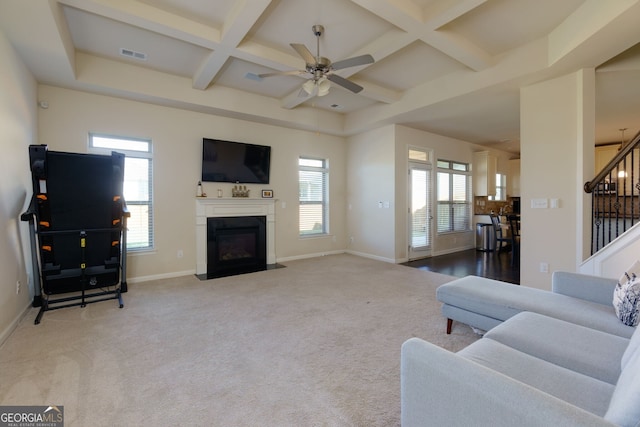 carpeted living room with ceiling fan, a healthy amount of sunlight, beam ceiling, and coffered ceiling