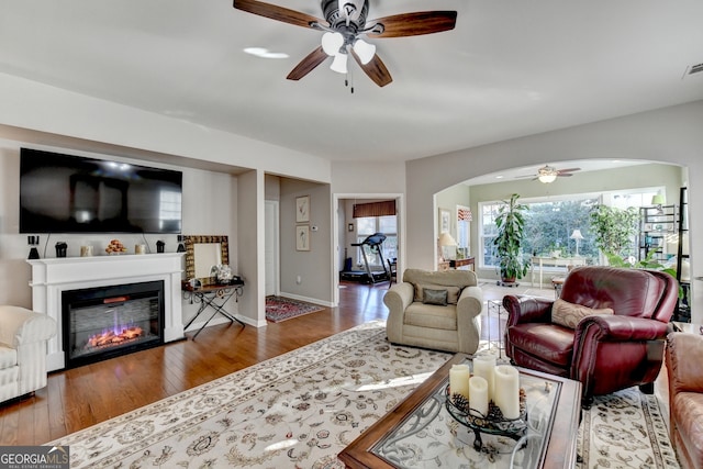 living room featuring ceiling fan and wood-type flooring