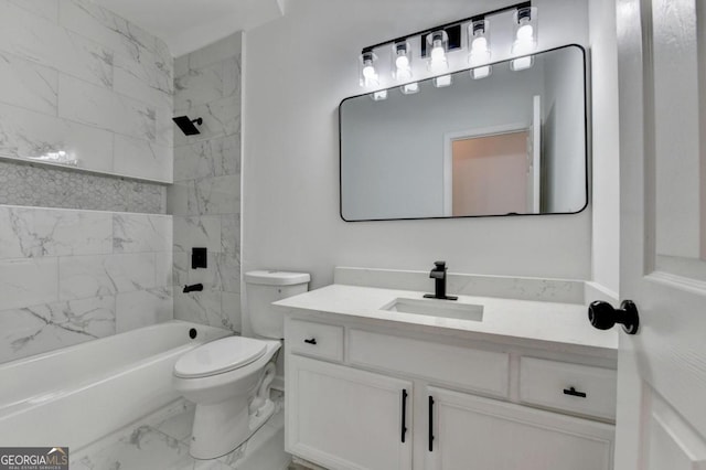 full bathroom featuring vanity, tiled shower / bath combo, and toilet