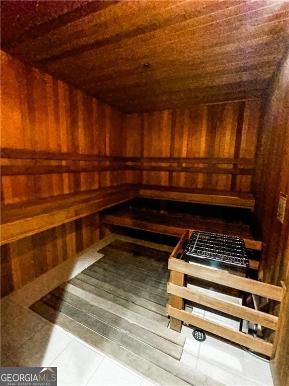 view of sauna with tile patterned floors