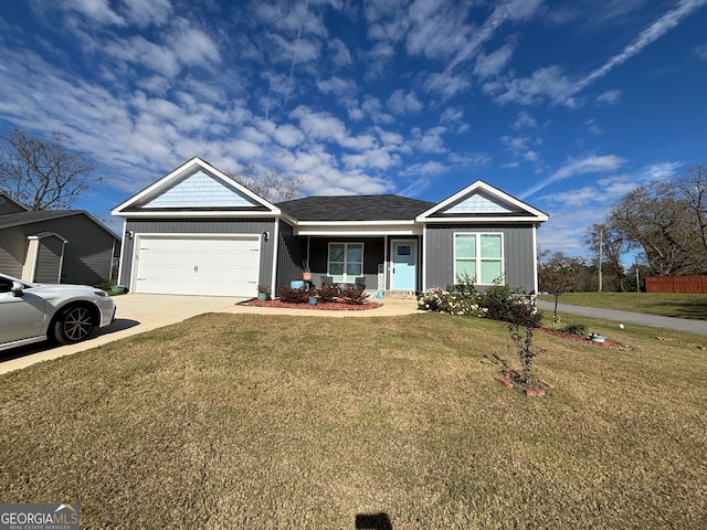 single story home with a front yard and a garage