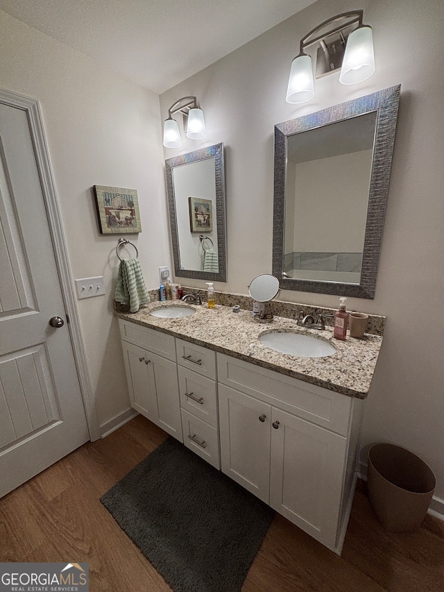 bathroom with vanity and wood-type flooring