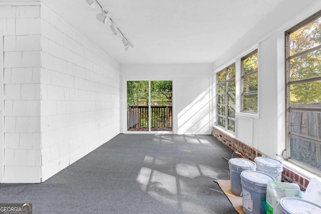 unfurnished sunroom with rail lighting and a wealth of natural light