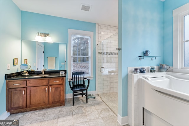 bathroom featuring vanity, a shower with door, and a healthy amount of sunlight