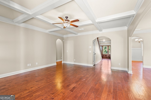 unfurnished living room featuring coffered ceiling, beamed ceiling, dark hardwood / wood-style floors, crown molding, and ceiling fan with notable chandelier