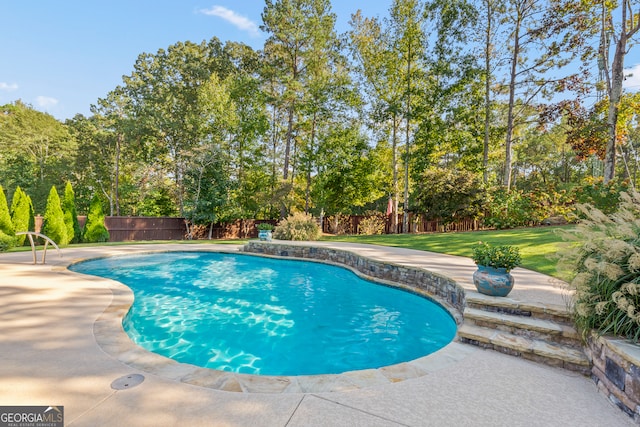 view of swimming pool with a yard and a patio