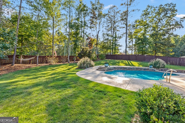 view of pool featuring a patio area and a yard