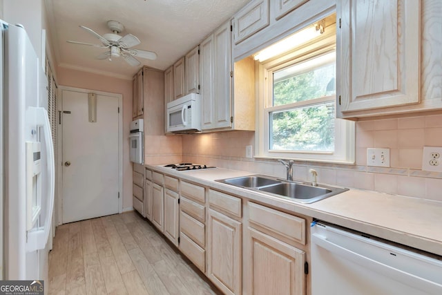 kitchen with tasteful backsplash, sink, white appliances, and light hardwood / wood-style floors