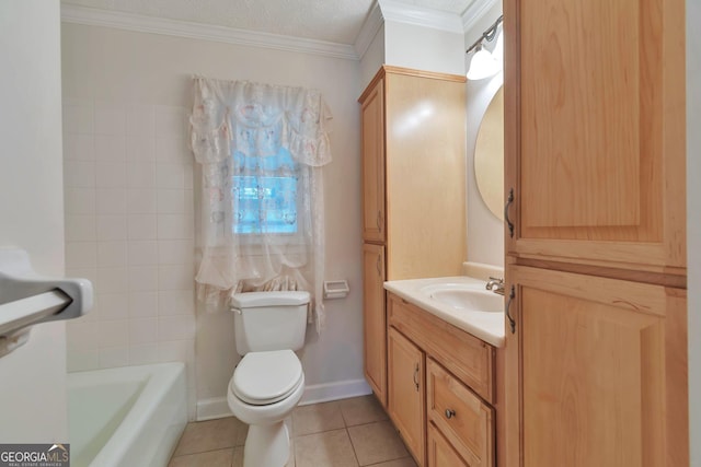 bathroom featuring a bathtub, vanity, toilet, crown molding, and tile patterned floors