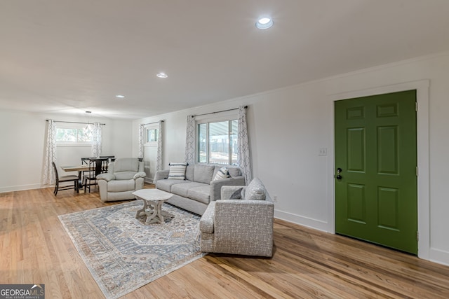 living room with hardwood / wood-style flooring and ornamental molding