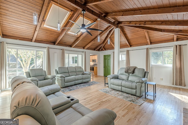 living room with vaulted ceiling with skylight, ceiling fan, light hardwood / wood-style floors, and wood ceiling