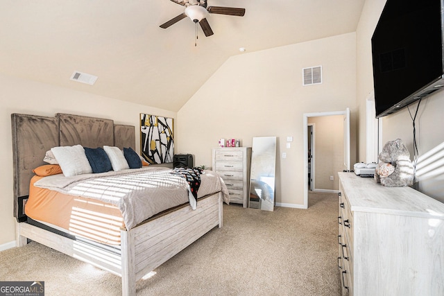 bedroom with light colored carpet, ceiling fan, and lofted ceiling