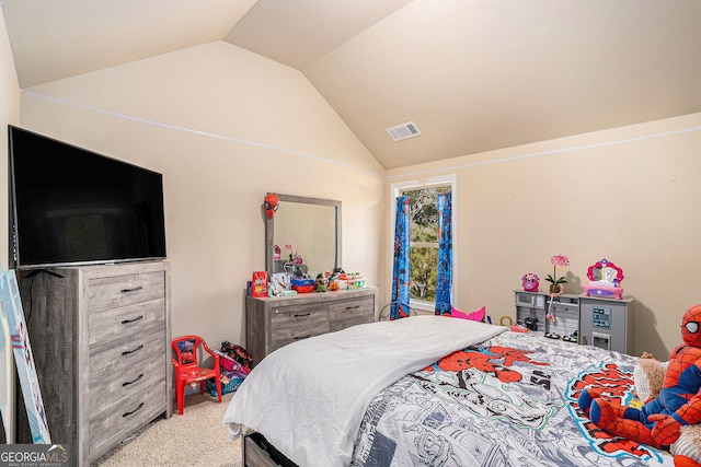 bedroom with light carpet and vaulted ceiling