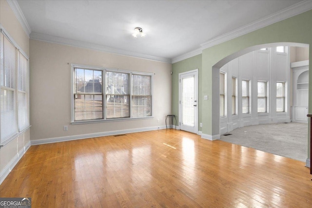 interior space featuring crown molding, a healthy amount of sunlight, and light carpet