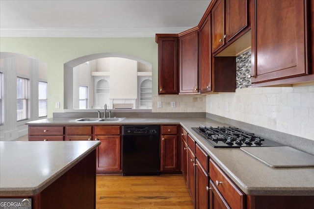 kitchen with sink, light hardwood / wood-style flooring, backsplash, black dishwasher, and ornamental molding