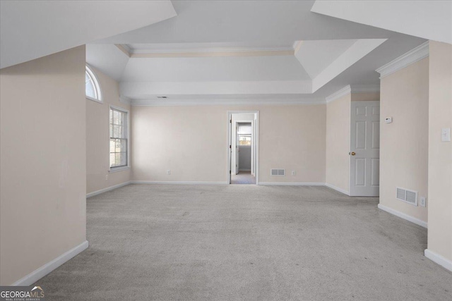 spare room featuring a raised ceiling, ornamental molding, and light colored carpet