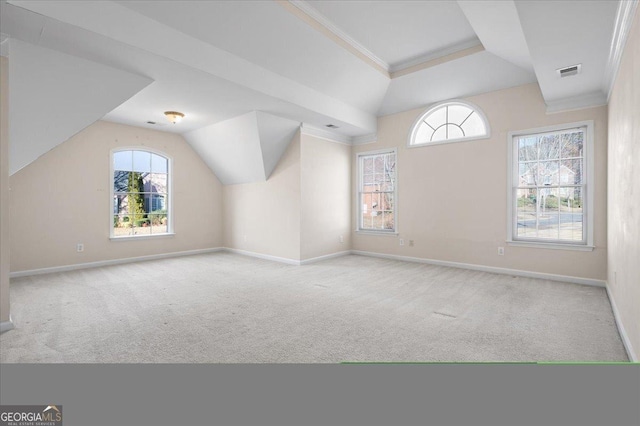 bonus room with lofted ceiling and light colored carpet