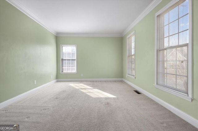 carpeted spare room featuring ornamental molding