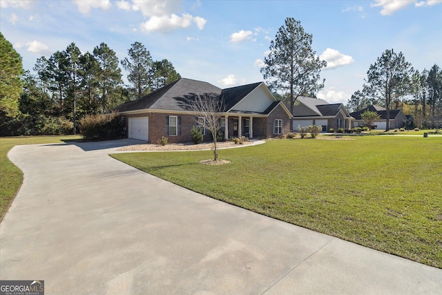 ranch-style house with a garage and a front lawn