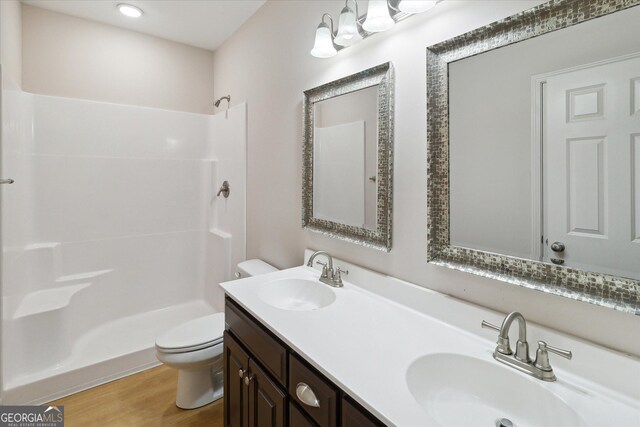 bathroom featuring a shower, vanity, wood-type flooring, and toilet