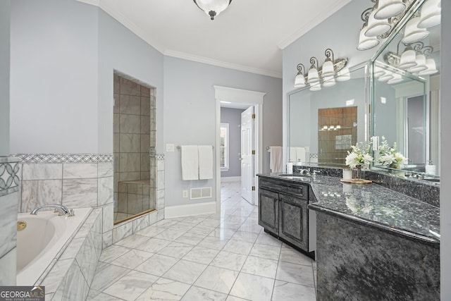 bathroom featuring shower with separate bathtub, vanity, and ornamental molding