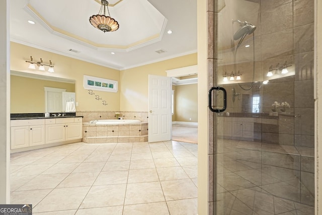 bathroom with vanity, crown molding, tile patterned flooring, independent shower and bath, and a tray ceiling