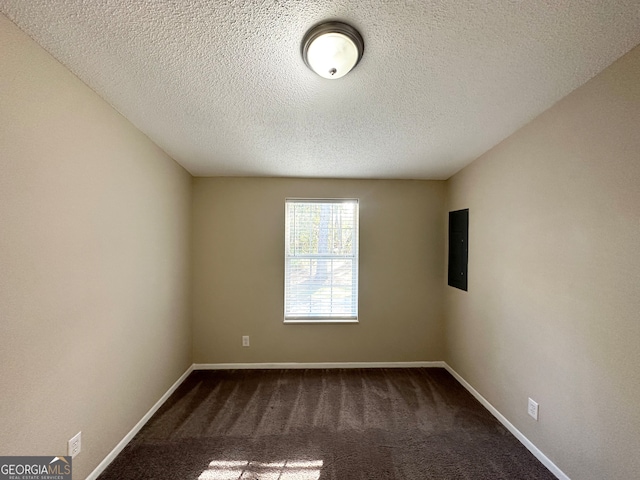 carpeted spare room featuring a textured ceiling and electric panel