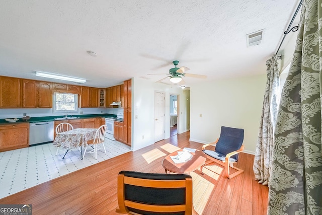 interior space with ceiling fan, sink, a textured ceiling, and light hardwood / wood-style floors