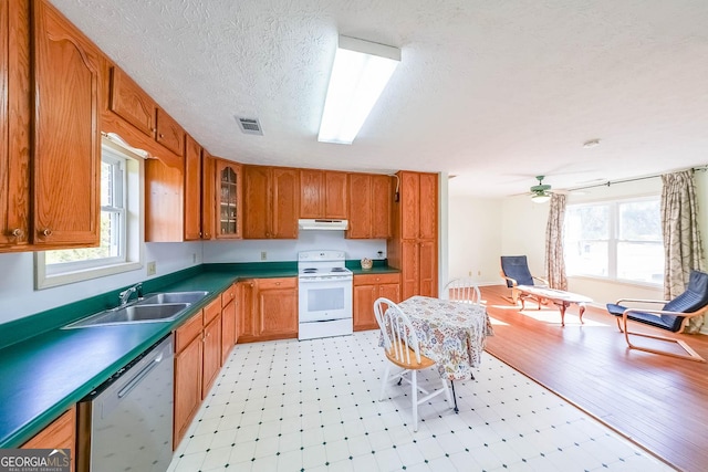 kitchen with ceiling fan, sink, white appliances, and plenty of natural light