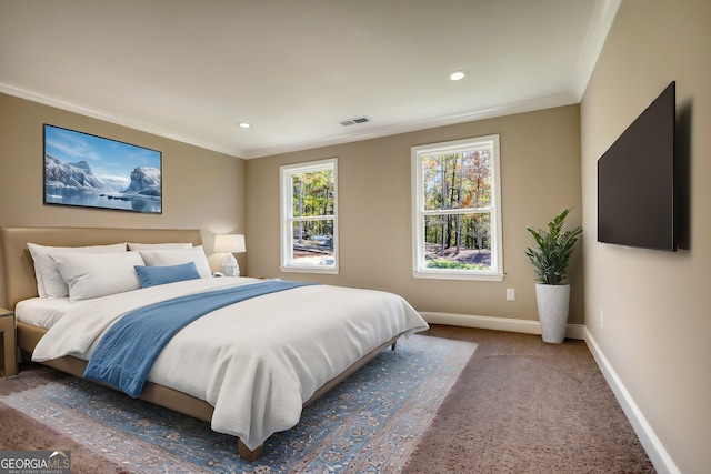 bedroom featuring crown molding, recessed lighting, visible vents, dark carpet, and baseboards