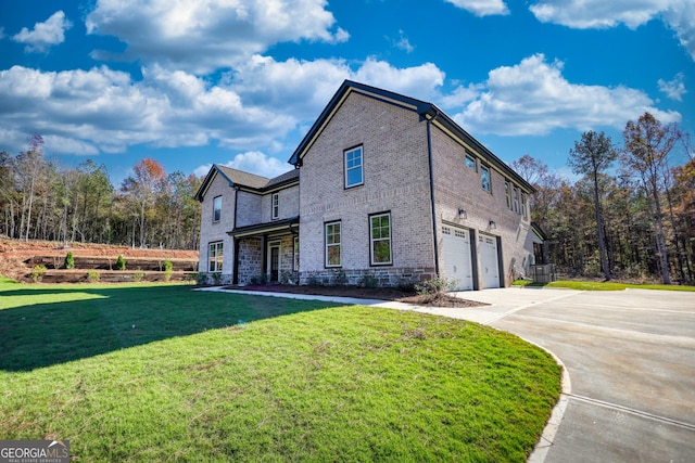 view of side of property with central air condition unit, a yard, and a garage