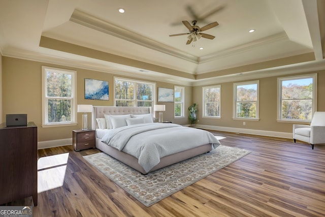 bedroom with dark wood-style floors, baseboards, a tray ceiling, and ornamental molding