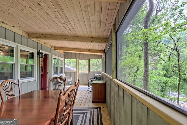 sunroom / solarium featuring lofted ceiling with beams and wooden ceiling