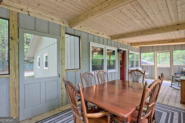 dining area with wood ceiling, hardwood / wood-style floors, beamed ceiling, and a healthy amount of sunlight