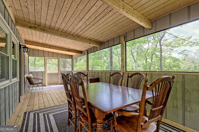 sunroom with beam ceiling and wooden ceiling