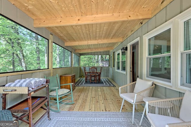 sunroom featuring vaulted ceiling with beams and wooden ceiling