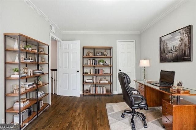 office space with dark wood-style floors, visible vents, and ornamental molding