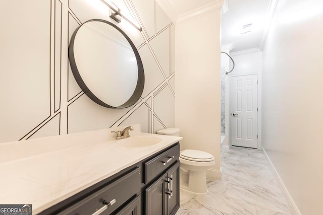 full bathroom featuring vanity, toilet, ornamental molding, and bathtub / shower combination