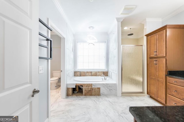 bathroom with toilet, independent shower and bath, and crown molding