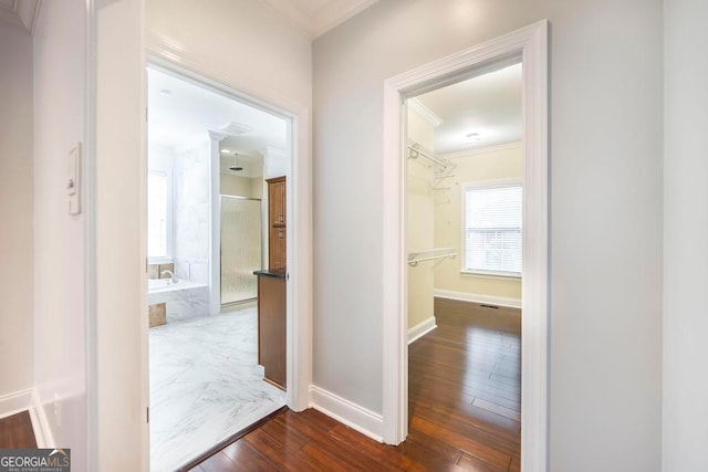 hallway featuring dark hardwood / wood-style flooring and ornamental molding