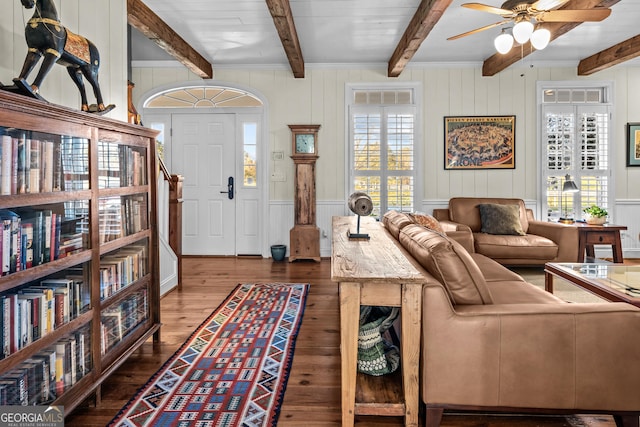 living room with beam ceiling, ceiling fan, and dark hardwood / wood-style flooring