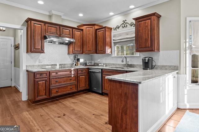 kitchen with sink, dishwasher, light stone counters, ornamental molding, and black electric cooktop