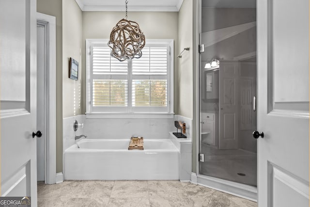 bathroom with ornamental molding and plus walk in shower