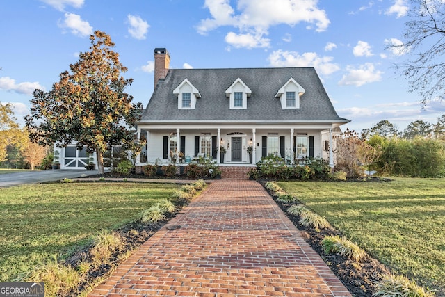 cape cod home featuring a front yard and covered porch