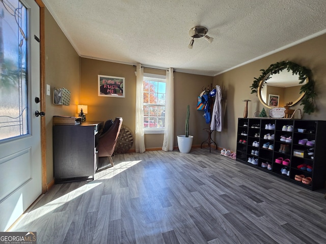 office featuring crown molding, a textured ceiling, and hardwood / wood-style flooring