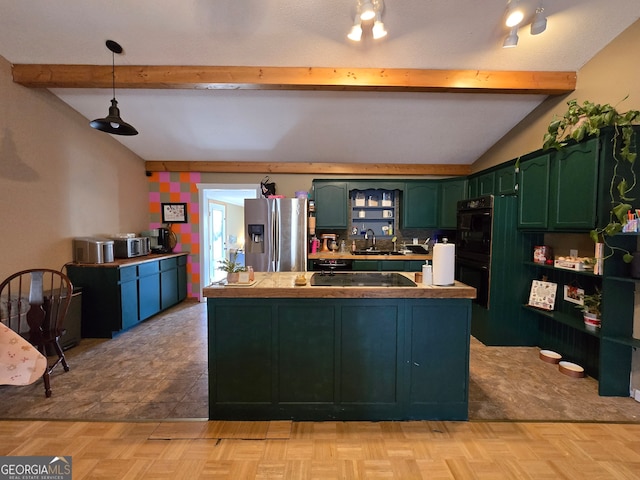 kitchen featuring sink, lofted ceiling with beams, kitchen peninsula, stainless steel fridge, and light parquet floors