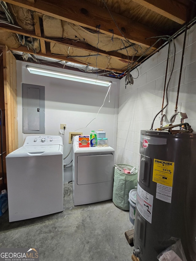 laundry room with independent washer and dryer, electric panel, and water heater